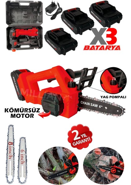 Kömürsüz Motor Yağ Pompalı Dal Budama Testeresi ''3 Bataryalı'' Çift Pala Akülü Ağaç Kesme Makinesi