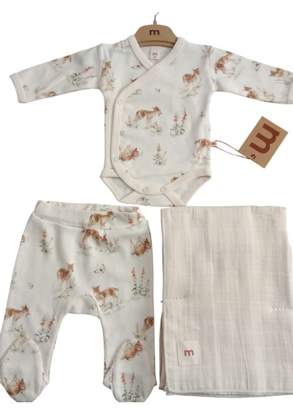 Çiçek ve Geyik Baskılı Kruvaze Body Bej 3 Lü Takım 62 cm ( Müslin Battaniyeli ) 4947