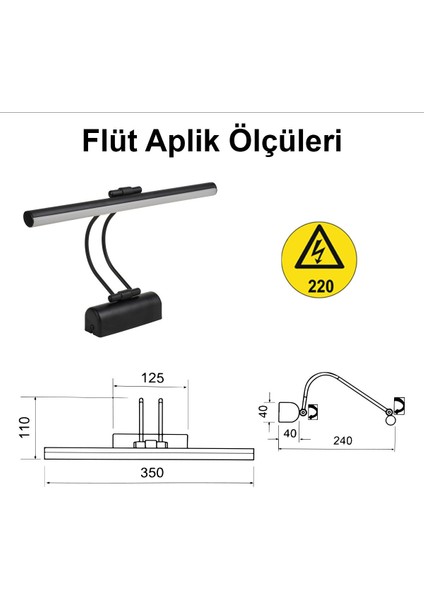Flüt LED Aplik Elektrikli 3200K Gün Işığı Banyo Tablo Çalışma Masası Duvar Aydınlatma Siyah