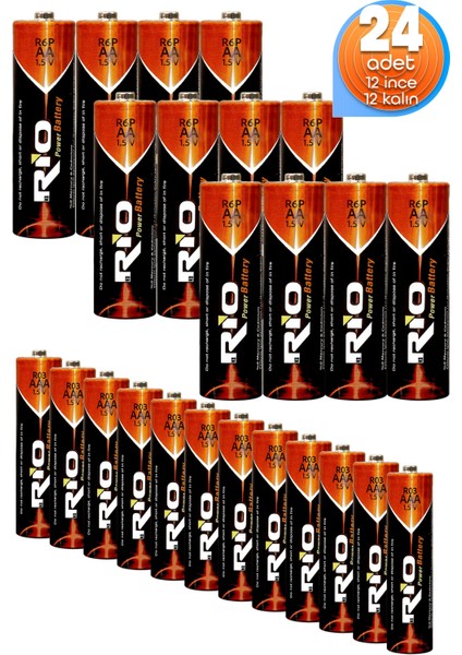 Rio 24LÜ (12 Aa + 12 Aaa) Ince ve Kalın Kalem Pil Seti Saat R03 ve R6P Pili Çinko Karbon Pil Zn-C 1.5V