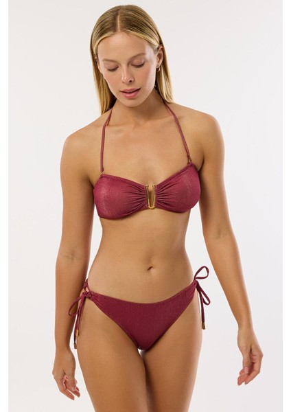 4526 Bordo Simli Straplez Bikini Takımı