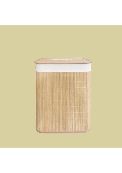 Bej Dikdörtgen Katlanabilir Çamaşır Sepeti 50cm Bambu Malzeme