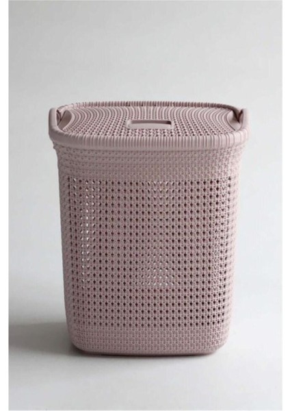Pudra renkli örgü desenli 52 litrelik şık çamaşır sepeti