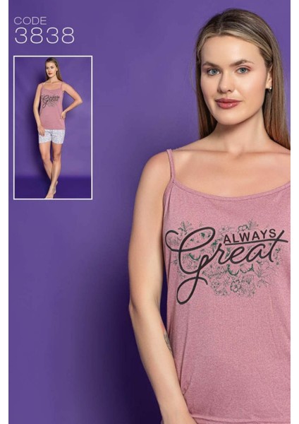 Kadın Ip Askılı Gül Kurusu Şortlu Pijama Takım 3838