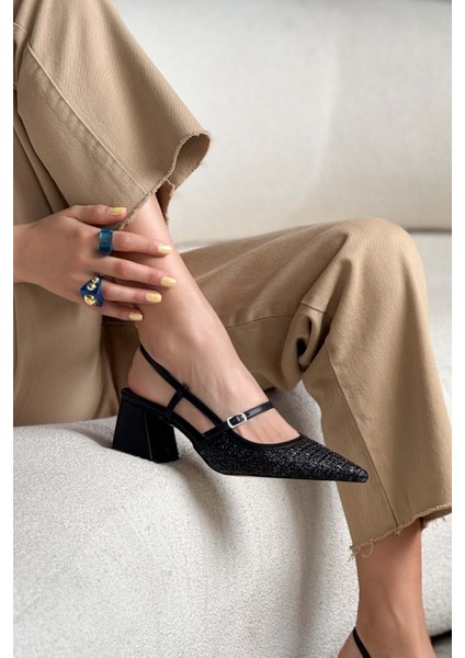 Retro Siyah Hasır Kemer Detay Sivri Burun Kadın Topuklu Ayakkabı