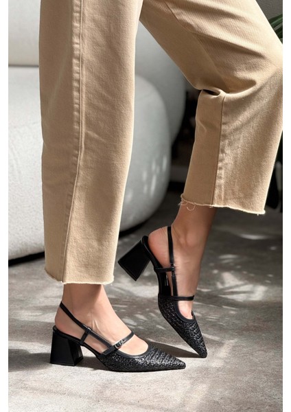 Retro Siyah Hasır Kemer Detay Sivri Burun Kadın Topuklu Ayakkabı modelleri