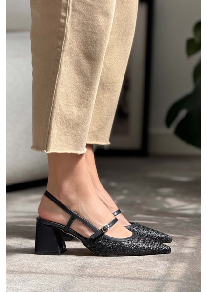 Retro Siyah Hasır Kemer Detay Sivri Burun Kadın Topuklu Ayakkabı fırsatları