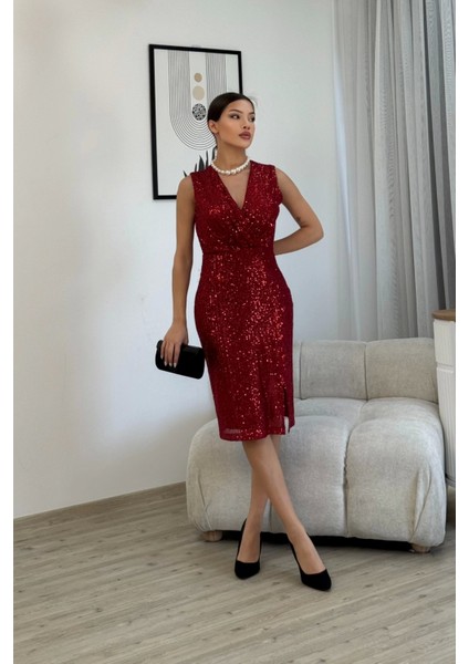 Kruvaze Yaka Payetli Midi Elbise 6031-BORDO