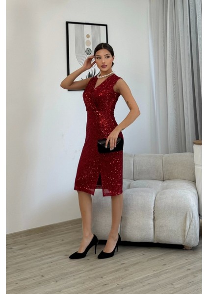 Kruvaze Yaka Payetli Midi Elbise 6031-BORDO