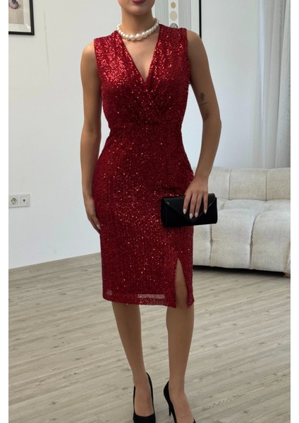 Kruvaze Yaka Payetli Midi Elbise 6031-BORDO