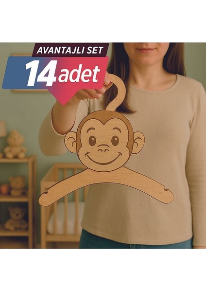 14'lü Lazer Kesim Ahşap Maymun Figürlü Bebek Askılığı Bebek Odası Için Doğal, Sevimli ve Dayanıklı
