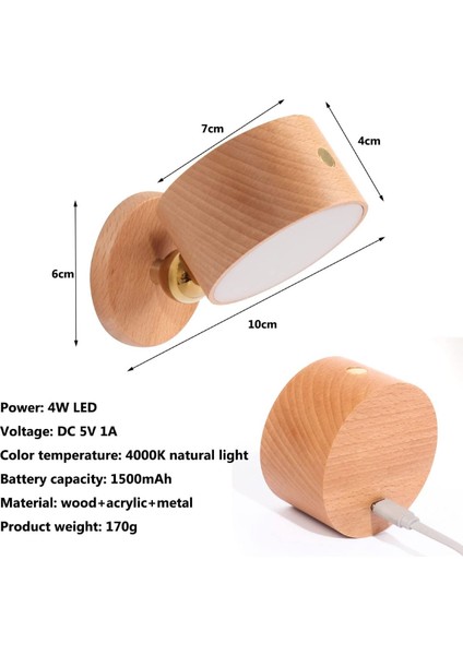 Şarjlı Mıknatıslı Duvar Aplik – 360° Dönebilen LED Ahşap Lamba, Taşınabilir ve Portatif Işık