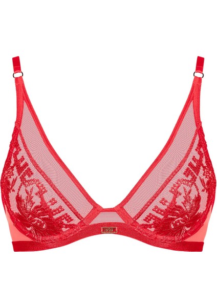 Rules Of Attraction Balenli Üçgen Sütyen, Şeffaf Tül, Fransız Nakışı, Altın Detaylı Askılar ve Takı Süslemeli Dekolte