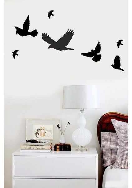 Ahşap Siyah 7 Adet Uçan Kuş Dekoru - Salon Oturma Odası Yatak Odası Için Duvar Dekoru 50 x 50 cm Tablo