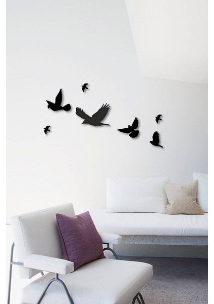 Ahşap Siyah 7 Adet Uçan Kuş Dekoru - Salon Oturma Odası Yatak Odası Için Duvar Dekoru 50 x 50 cm Tablo