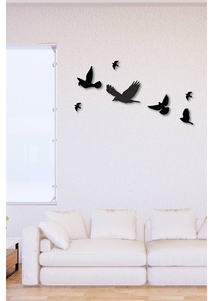 Ahşap Siyah 7 Adet Uçan Kuş Dekoru - Salon Oturma Odası Yatak Odası Için Duvar Dekoru 50 x 50 cm Tablo