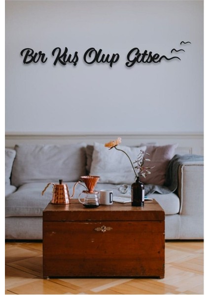 Siyah Ahşap Bir Kuş Olup Gitsem Duvar Dekoru - Salon Oturma Odası Yatak Odası Için 90 x 15 cm Tablo