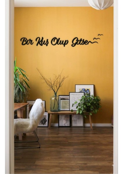 Siyah Ahşap Bir Kuş Olup Gitsem Duvar Dekoru - Salon Oturma Odası Yatak Odası Için 90 x 15 cm Tablo