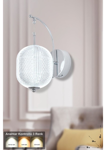 Torino Power Ledli Modern Lüks Duvar Aplik (3 Renk Sarı-Beyaz-Gün Işığı) - Krom