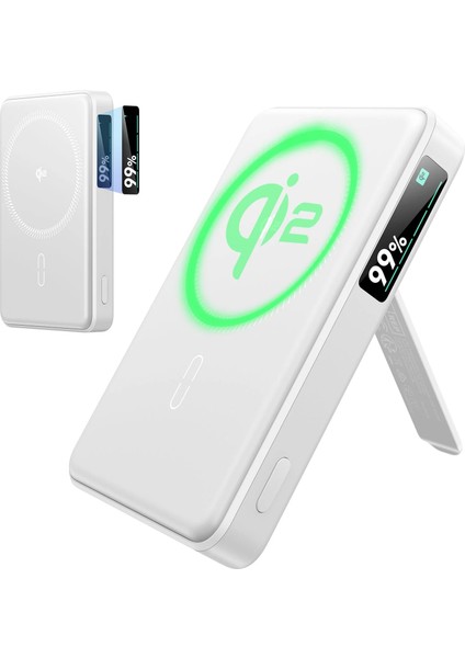 10000 Mah Taşınabilir Şarj Cihazı Halolock Qi2 Kickstand Magsafe Dijital Göstergeli Standlı Powerbank - Beyaz