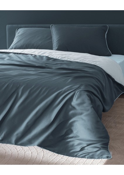 Verne King Size %100 Pamuk Baskılı Saten Nevresim Takımı - Mavi/beyaz