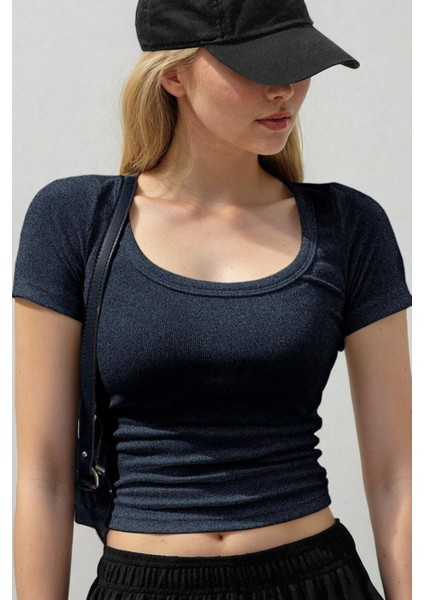 Kadın Lacivert Melanj U Yaka Kısa Kollu Fitilli Kaşkorse Body T-Shirt
