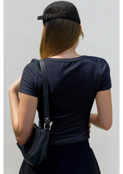 Kadın Lacivert Melanj U Yaka Kısa Kollu Fitilli Kaşkorse Body T-Shirt fiyatları