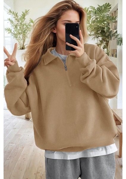 Kadın Camel Yarım Fermuar Polo Yaka 3 Iplik Içi Polarlı Şardonlu Oversize Sweatshirt