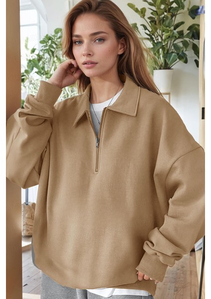 Kadın Camel Yarım Fermuar Polo Yaka 3 Iplik Içi Polarlı Şardonlu Oversize Sweatshirt fiyatları