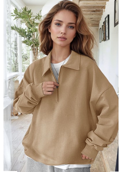 Kadın Camel Yarım Fermuar Polo Yaka 3 Iplik Içi Polarlı Şardonlu Oversize Sweatshirt modelleri