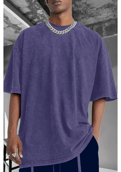 Erkek Mor Oversize Asit Yıkamalı Eskitme Efektli Boyalı T-Shirt