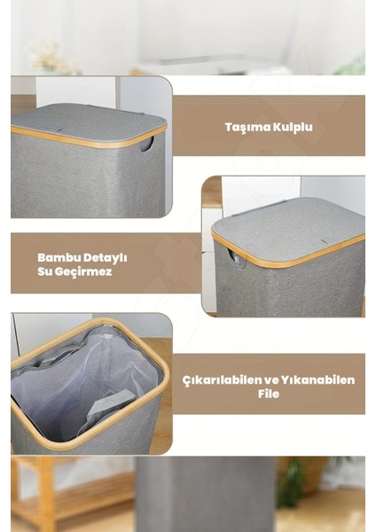 100 Lt Tek Bölmeli Bambu Kumaş Kirli Çamaşır Sepeti Joseph Model - Kapaklı - Yıkanabilir File Torba