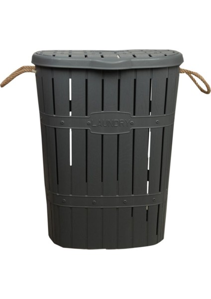 Gri ahşap görünümlü halatlı geniş ve şık ev dekoru sepeti 60 L