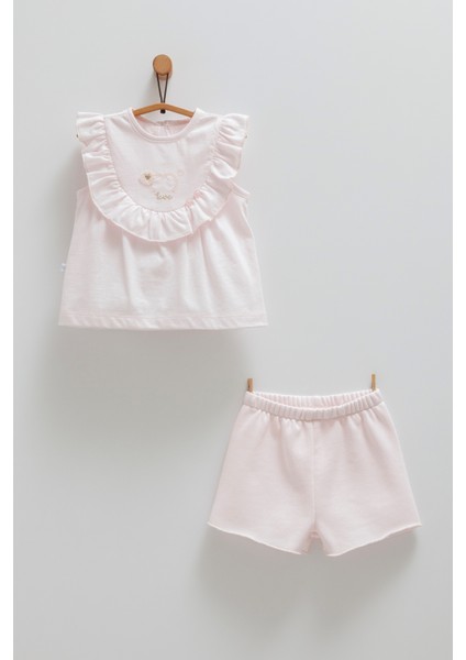 Love Baskılı Fırfır Detaylı Tshirt Şort Takım