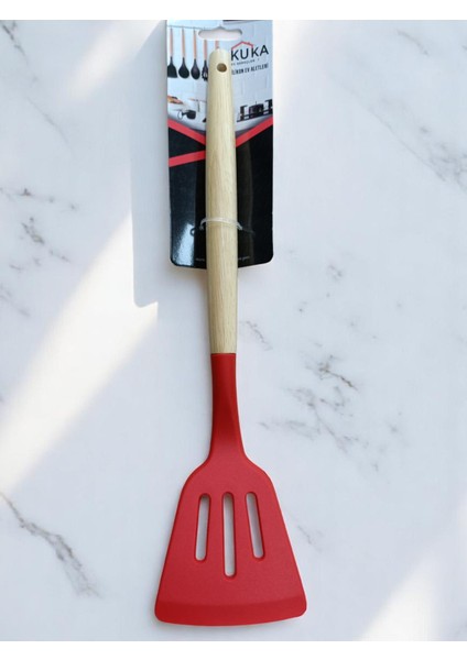 Mutfak Spatulası Bambu Saplı Izgara Şeklinde Krımızı Renk 31 cm