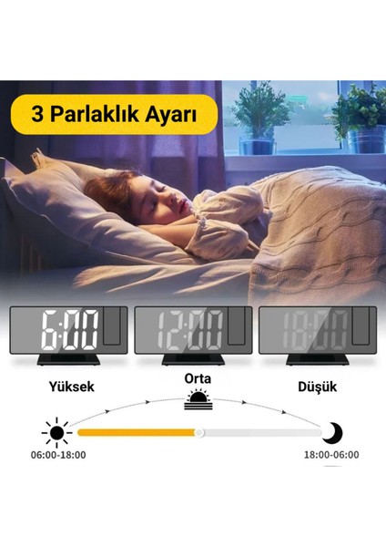 Fm Radyolu Projeksiyonlu LED Dijital Masaüstü Alarm Saat Sıcaklık USB Ayna Tasarım