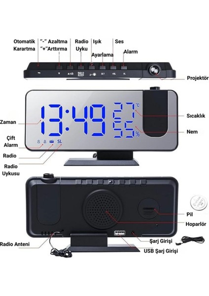 Fm Radyolu Projeksiyonlu LED Dijital Masaüstü Alarm Saat Sıcaklık USB Ayna Tasarım