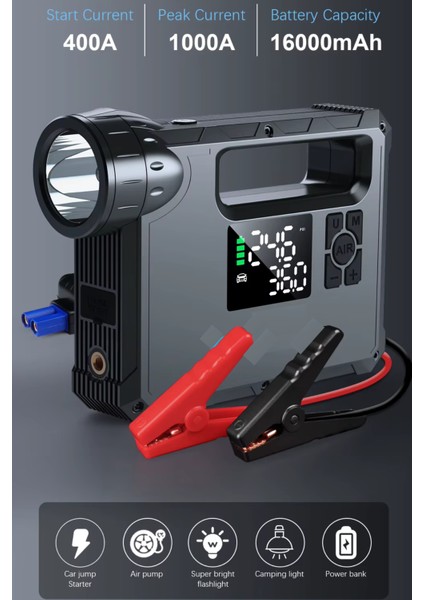 HP-M01 Jump Starter 16000MAH Akü Takviye Cihazı Lastik Şişirme Kompresör Lamba Powerbank Çanta