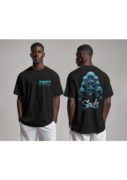 Siyah & Beyaz Oversize Çift Yüz Baskılı Tişört – "souls" Kuru Kafa Tasarımı, Gotik ve Anlamlı Sokak Stili