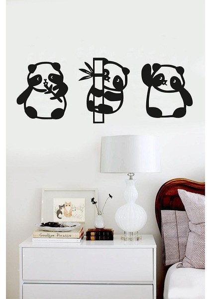 Panda 3lü Duvar Dekoru Siyah Ahşap Lazer Tablo