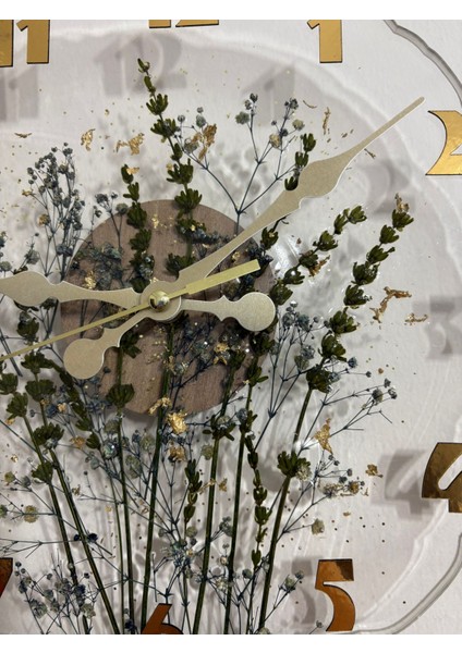 - Gömme Rakamlı Kurutulmuş Bitki Tasarımlı Epoksi Duvar Saati - 30 cm