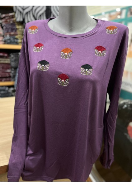 Kadın Likralı Nakışlı Penye Bluz