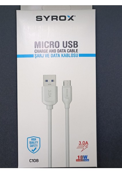 C108 Micro USB Girişli 18W 3.0A Hızlı Şarj ve Data Kablosu