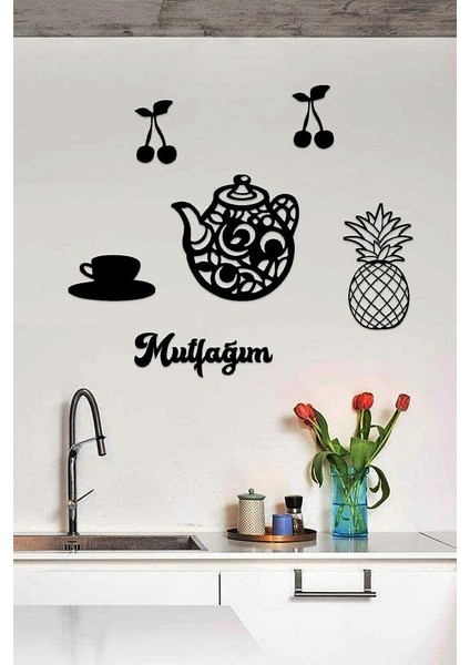 Mutfağım 6 Parça Demlik Fincan Ananas Kiraz Lazer Kesim Siyah Dekorasyon Ürünü