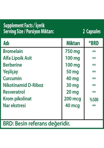 Walkers Bromelain Yeşil Çay, Krom, Curcumin, Berberine, Resveratrol.