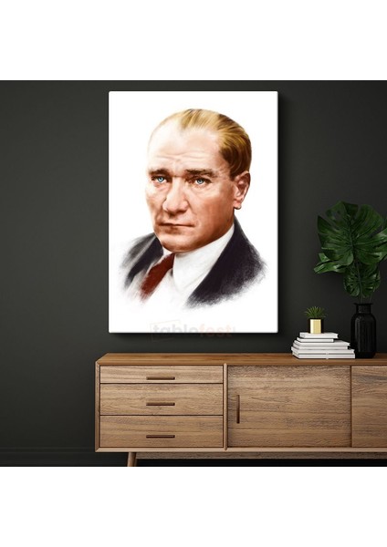 Sanatsal Atatürk - Beyaz Fonda Kırmızı Detaylı Kanvas Tablo