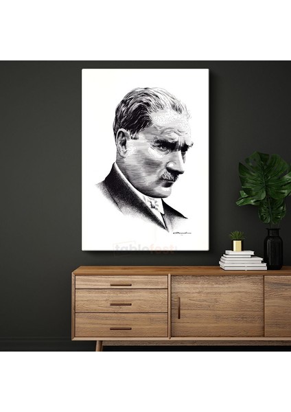 Nokta Çizim Atatürk - Beyaz Fonda Portre Kanvas Tablo