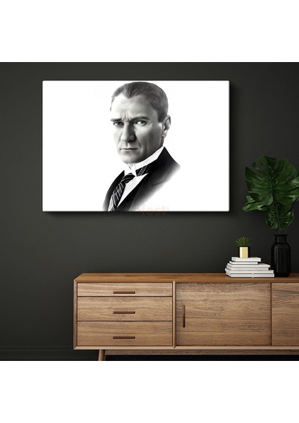 Beyaz Fonlu Atatürk - Siyah Beyaz Portre Kanvas Tablo