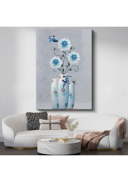 Mavi Çiçek Düşü - Kuşlar ve Çiçeklerle Modern Dekoratif Kanvas Tablo