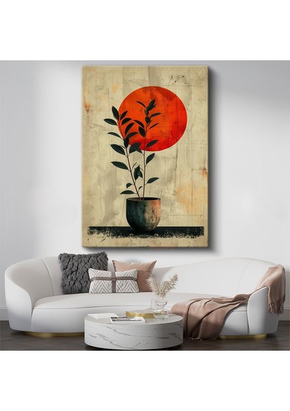 Minimalist Bitki - Kırmızı Güneş ve Saksıda Yapraklar Kanvas Tablo